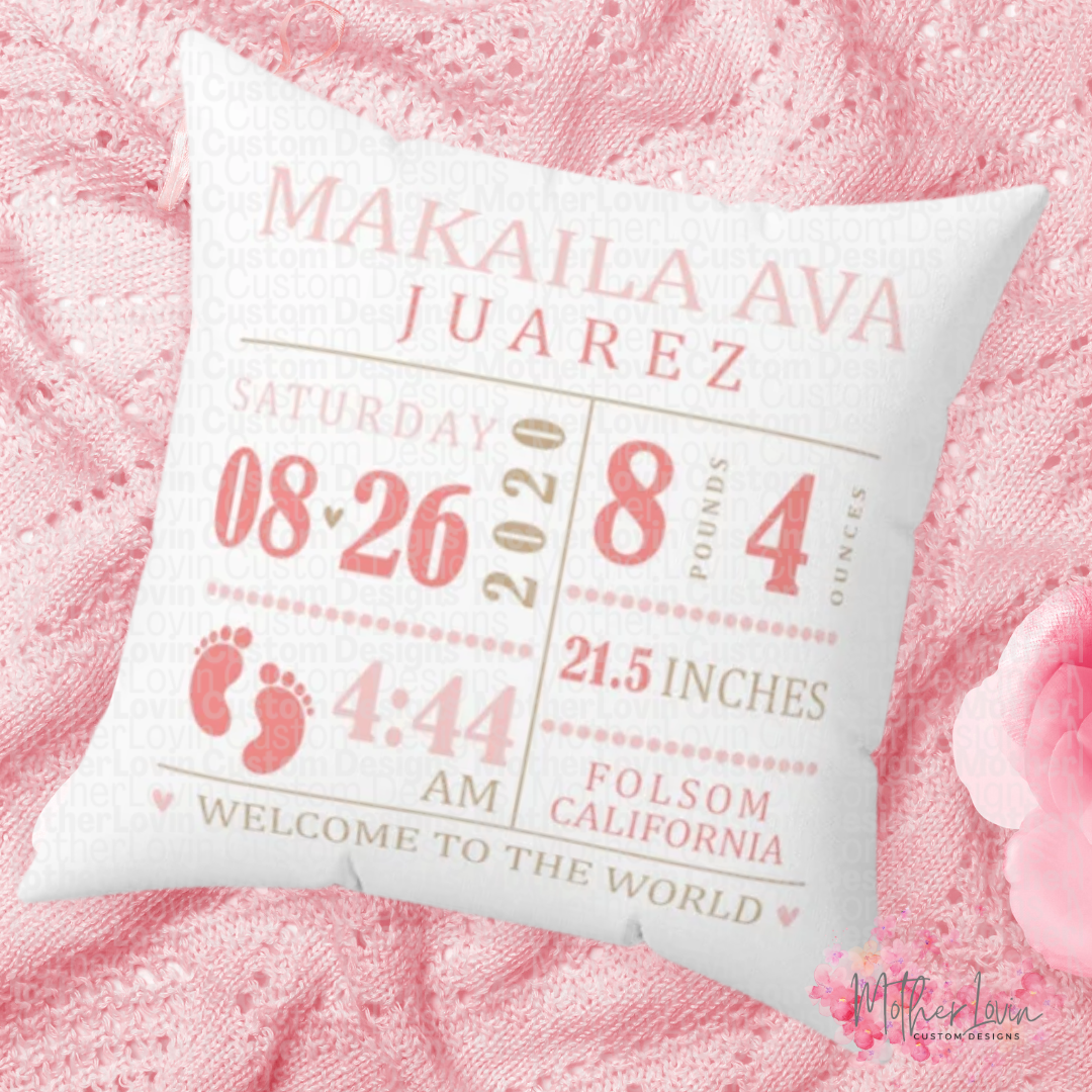 Light & Dark Pink Birth Announcement Throw Pillow