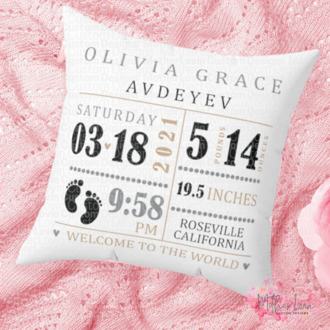Black & Gold Birth Announcement Throw Pillow