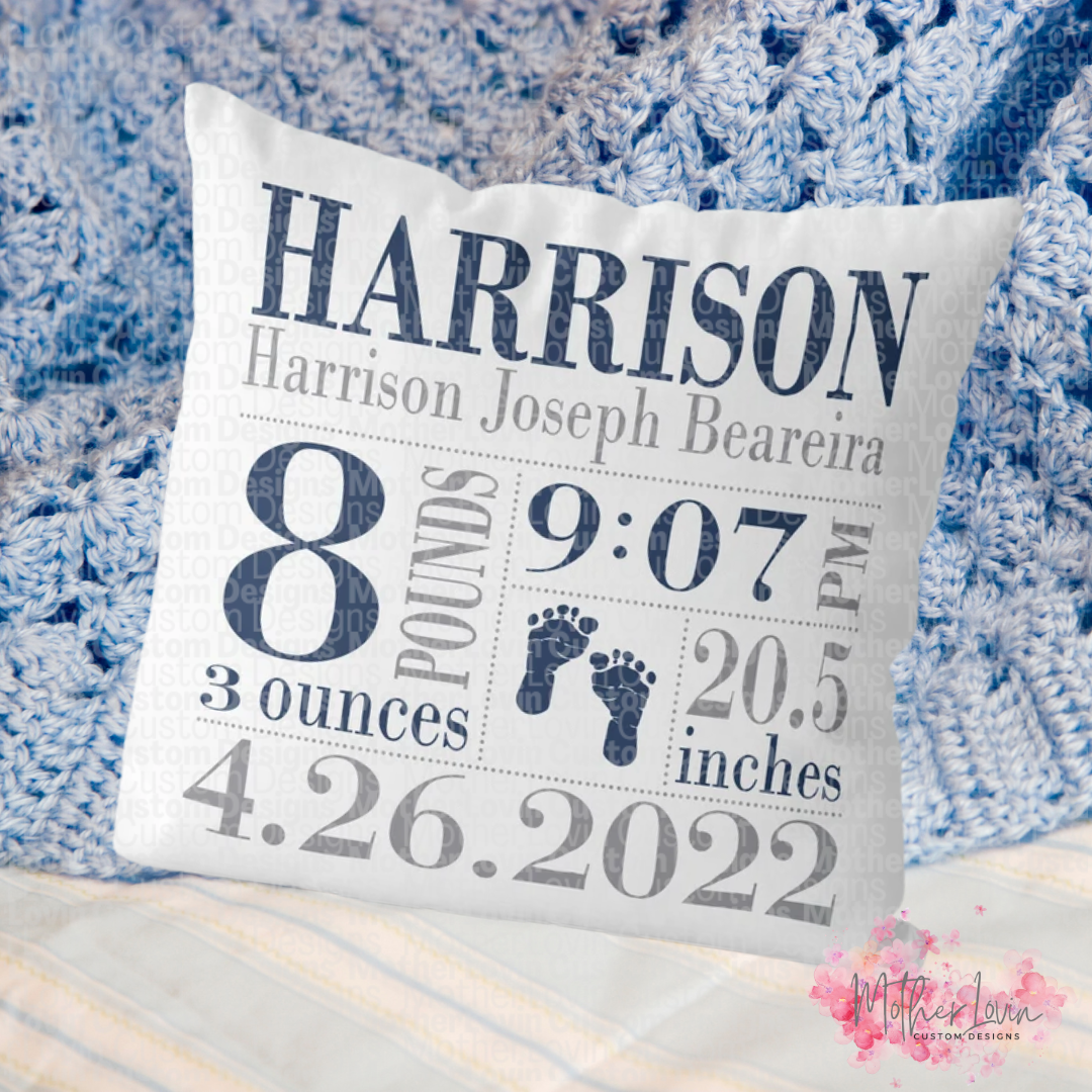 Navy & Gray Birth Announcement Throw Pillow