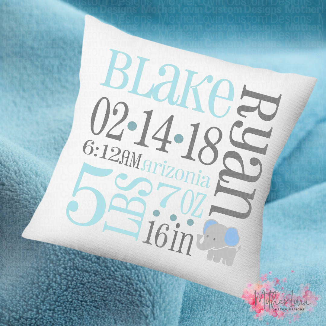 Blue & Gray Birth Announcement Throw Pillow
