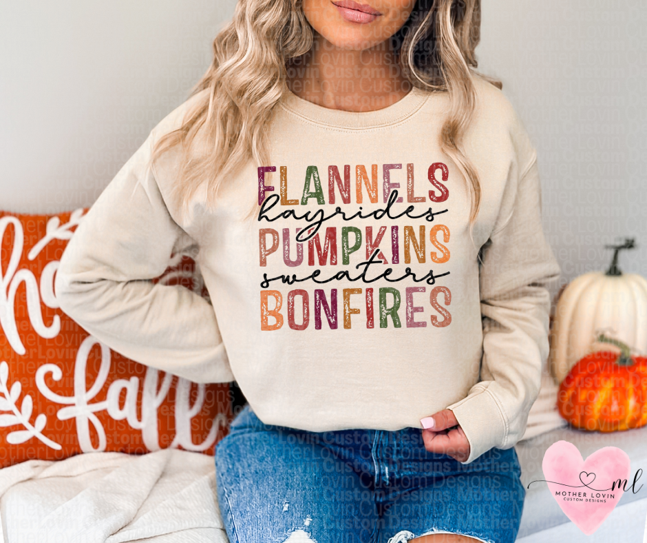 Flannels, Hayrides, Pumpkins, Sweaters, Bonfires Fall Crewneck