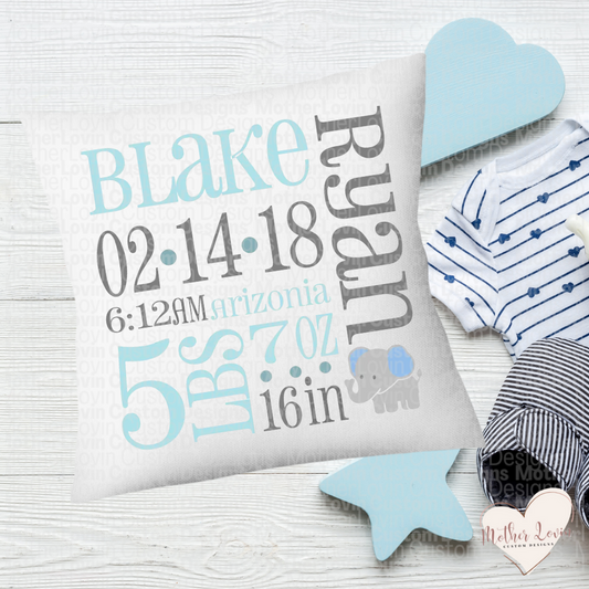 Blue & Gray Birth Announcement Throw Pillow Cover