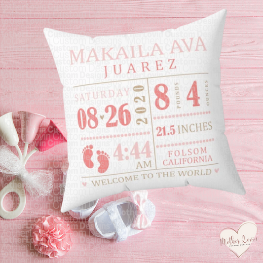 Light & Dark Pink Birth Announcement Throw Pillow Cover