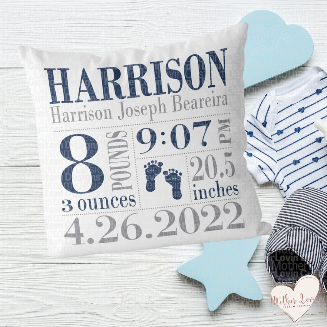 Navy & Gray Birth Announcement Throw Pillow Cover